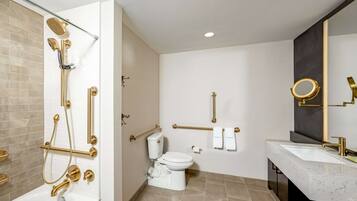 A modern bathroom with a bathtub, shower, toilet, and vanity.
