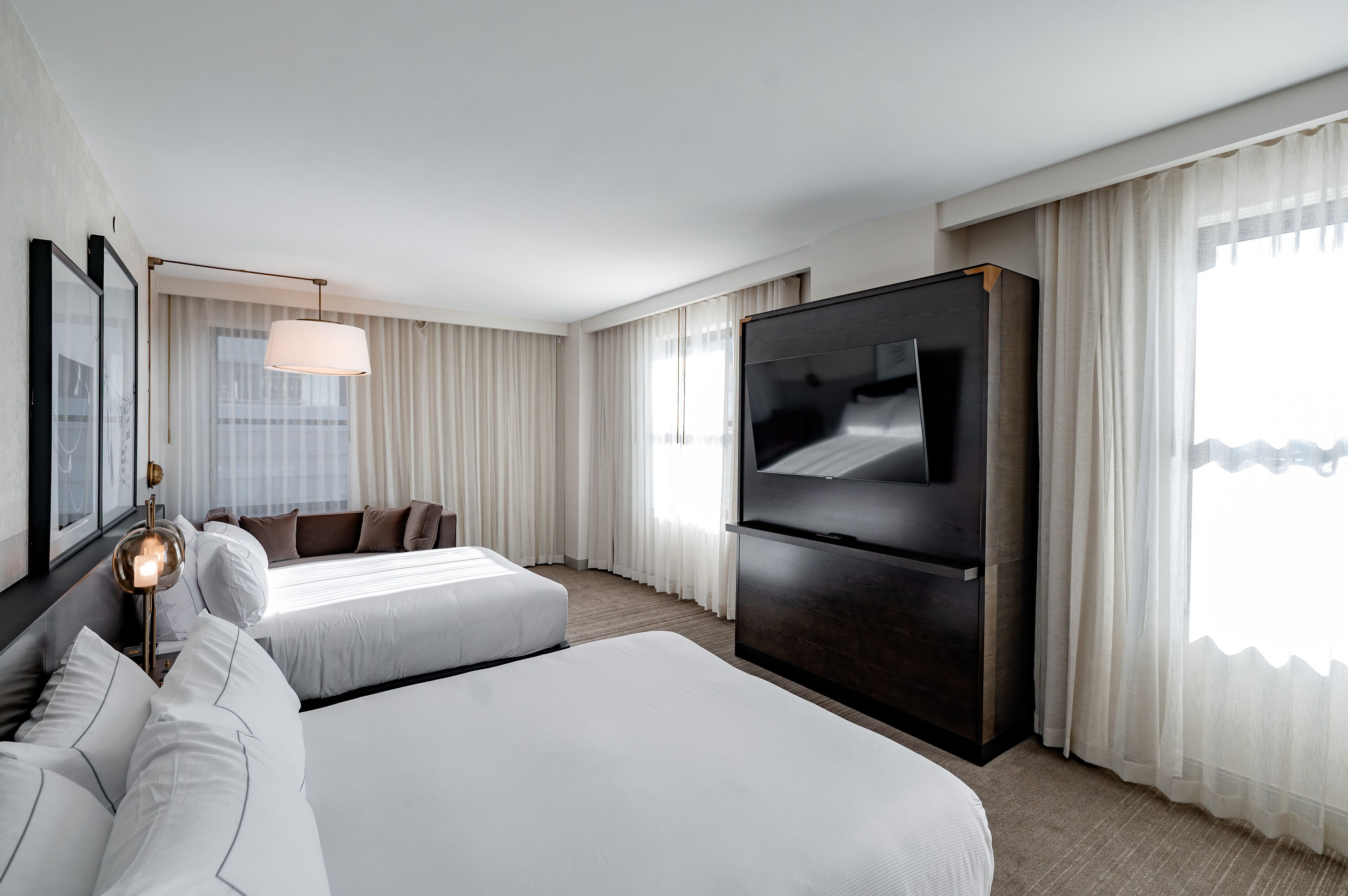 studio suite, 2 queen beds | premium bedding, laptop workspace, iron/ironing board