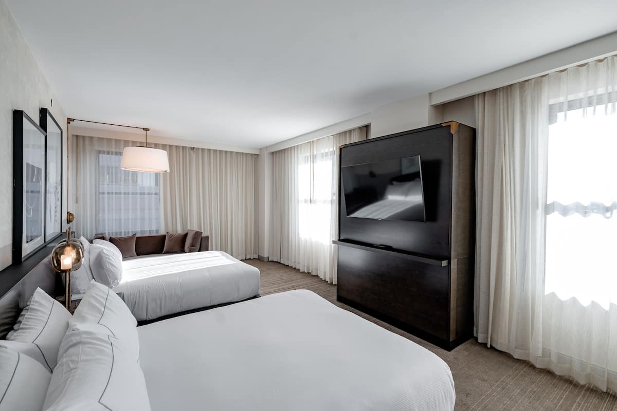 studio suite, 2 queen beds | premium bedding, laptop workspace, iron/ironing board