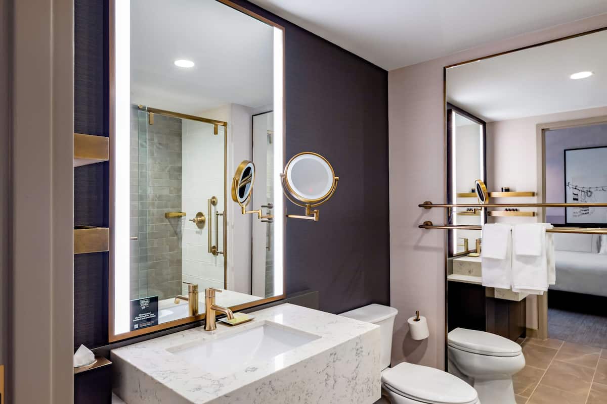 eco-friendly toiletries, hair dryer, towels, soap