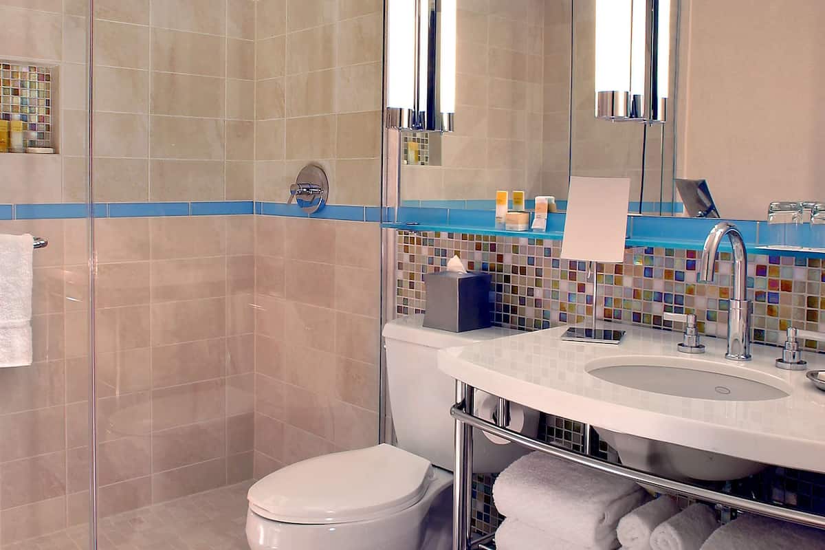 eco-friendly toiletries, hair dryer, towels, soap