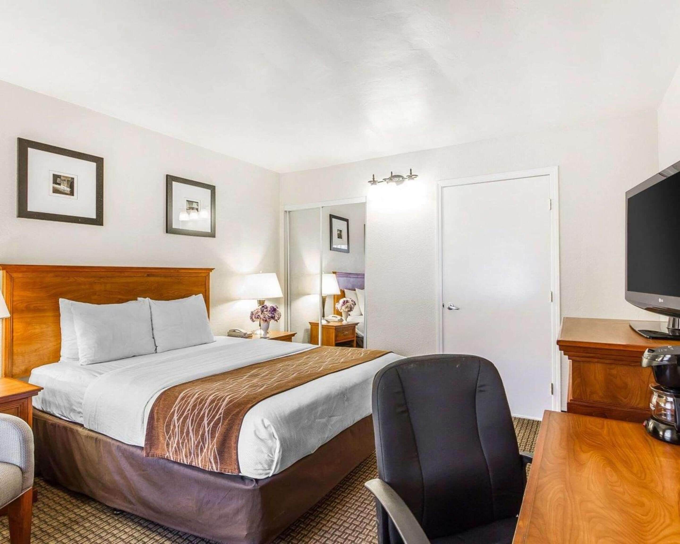 Habitación de hotel con cama, mesitas de noche, escritorio, silla, televisor y cuadros en la pared.