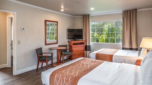 A hotel room with two beds, a TV, a desk with a chair, and a window with curtains.