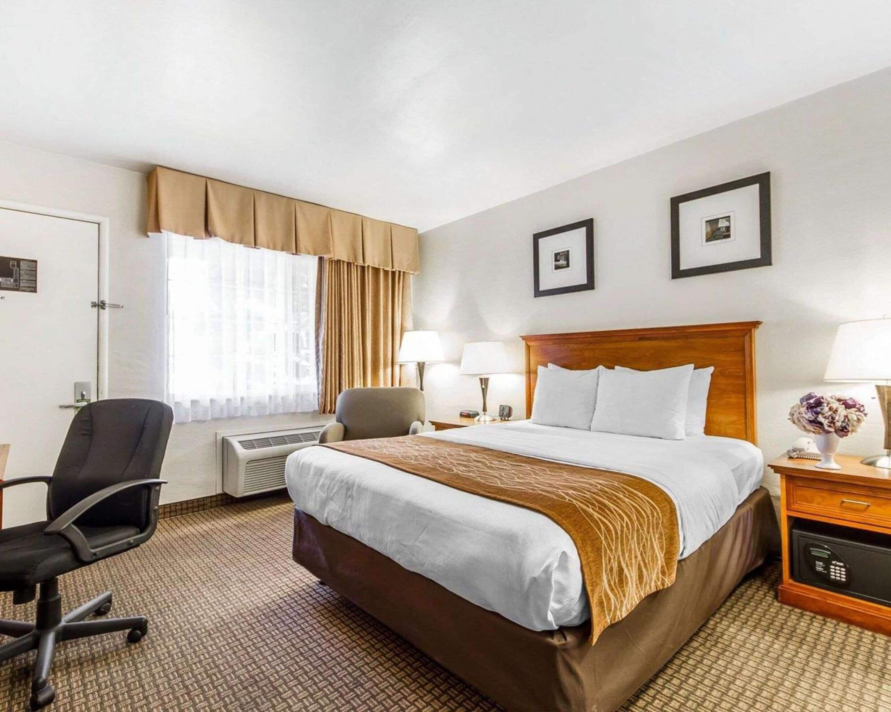 Een hotelkamer met een bed, een bureau, een stoel, een lamp en een kluis.