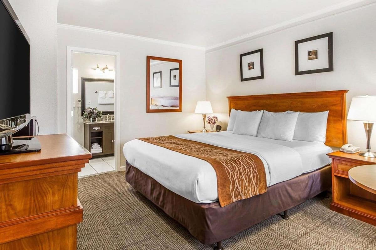 A hotel room with a large bed, bedside tables, a desk, and a mirror.