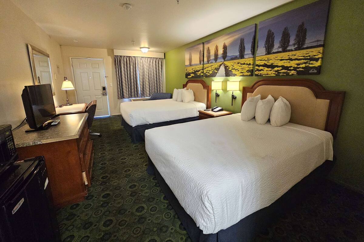 A hotel room with two beds, a desk with a television, and a green carpet.