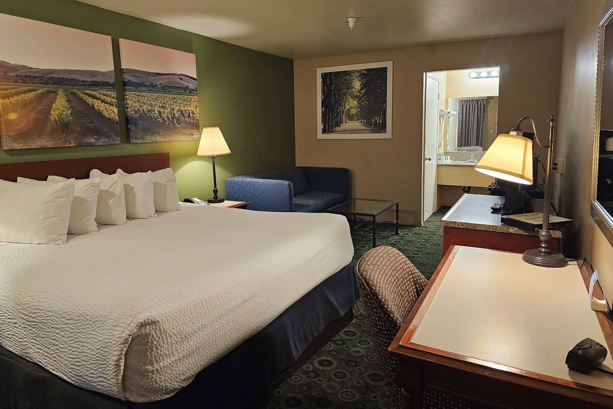 A hotel room with a large bed, a desk, a chair, a lamp, and two paintings on the wall.