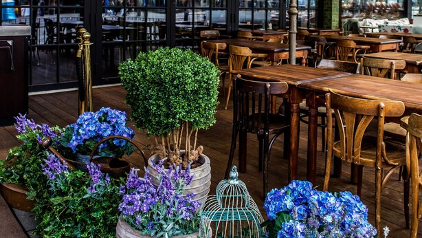 Un espace de restauration en plein air avec des tables et des chaises en bois, entouré de plantes et de fleurs en pot.