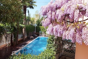 Indoor pool, outdoor pool, open 9:30 AM to 7 PM, pool loungers