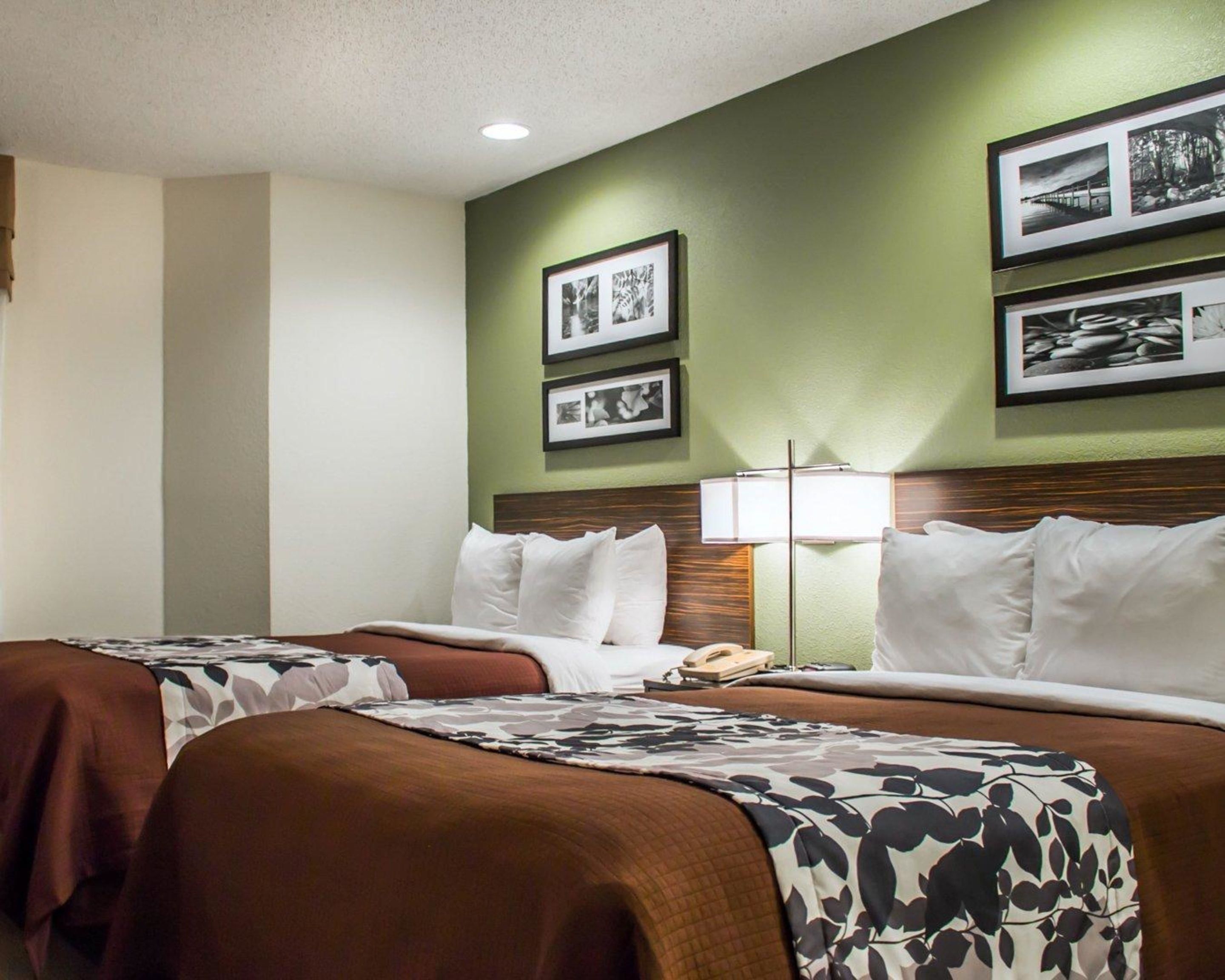 A hotel room with two beds, a nightstand, a lamp, and framed pictures on the wall.