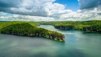 A river surrounded by dense green forest and rocky cliffs.