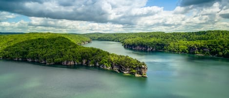 Un fiume circondato da una fitta foresta verde e imponenti scogliere rocciose.