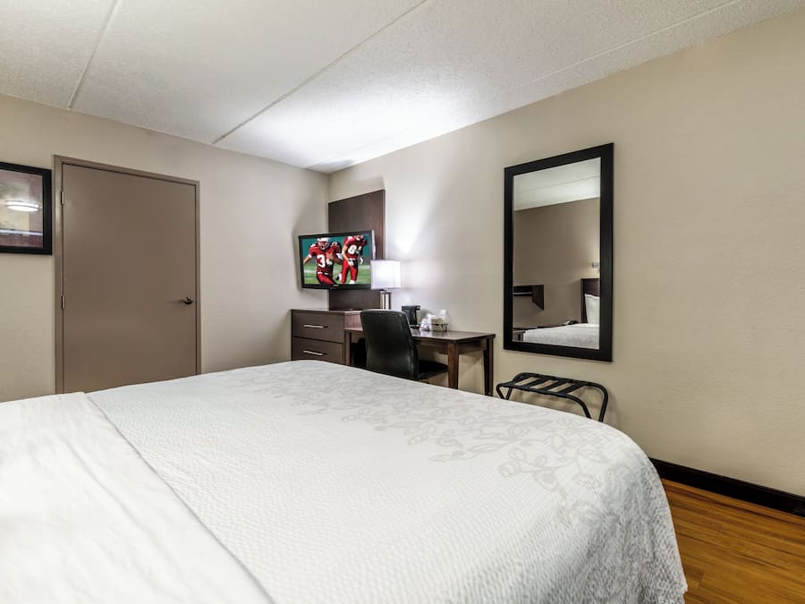 Habitación de hotel con cama, escritorio, silla, televisor y espejo.