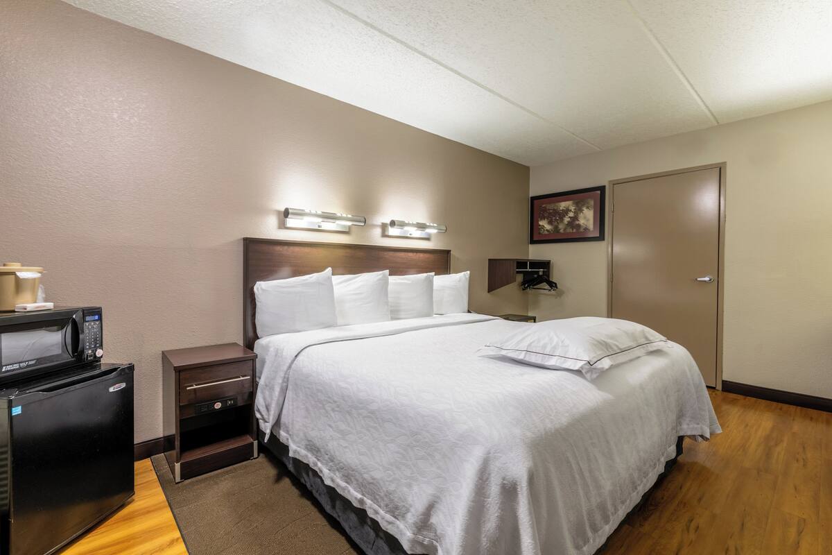 A hotel room with a bed, bedside tables, a microwave, and a wardrobe.