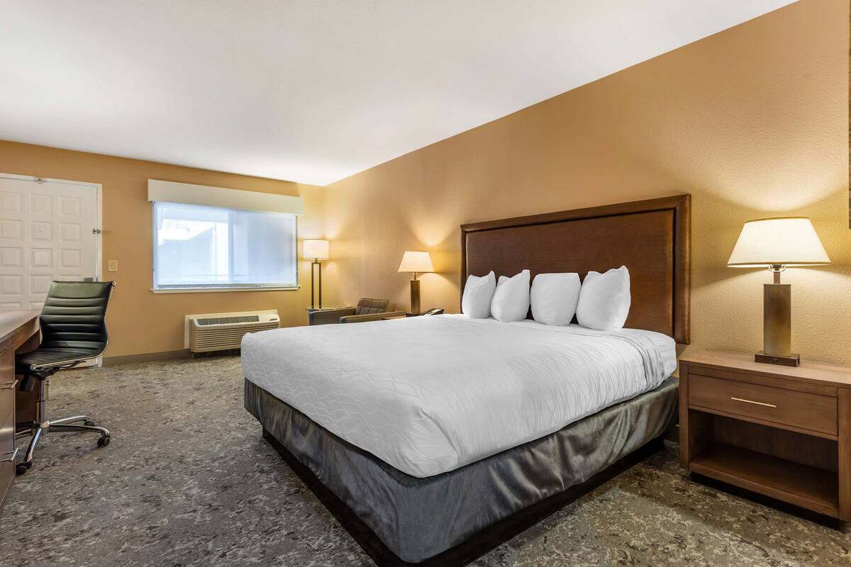 A hotel room with a large bed, a desk, a chair, and a window.