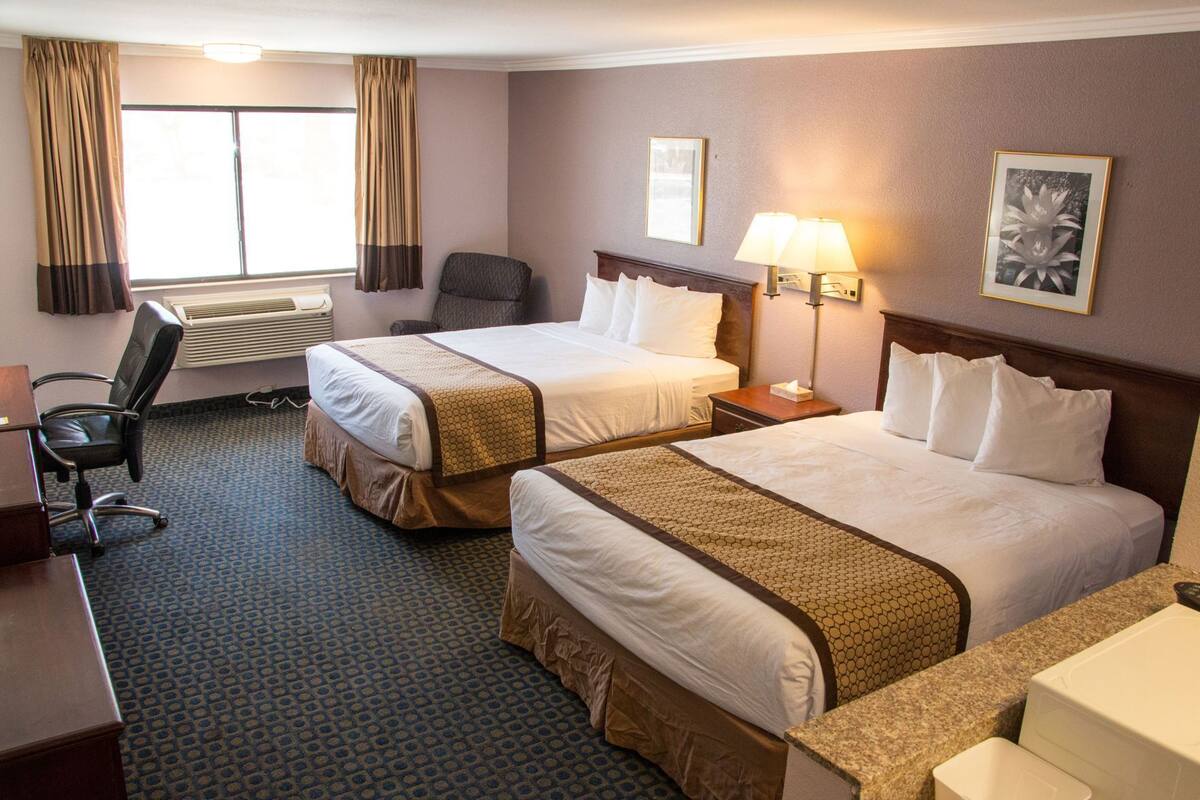 A hotel room with two beds, a desk, a chair, a lamp, and a picture on the wall.