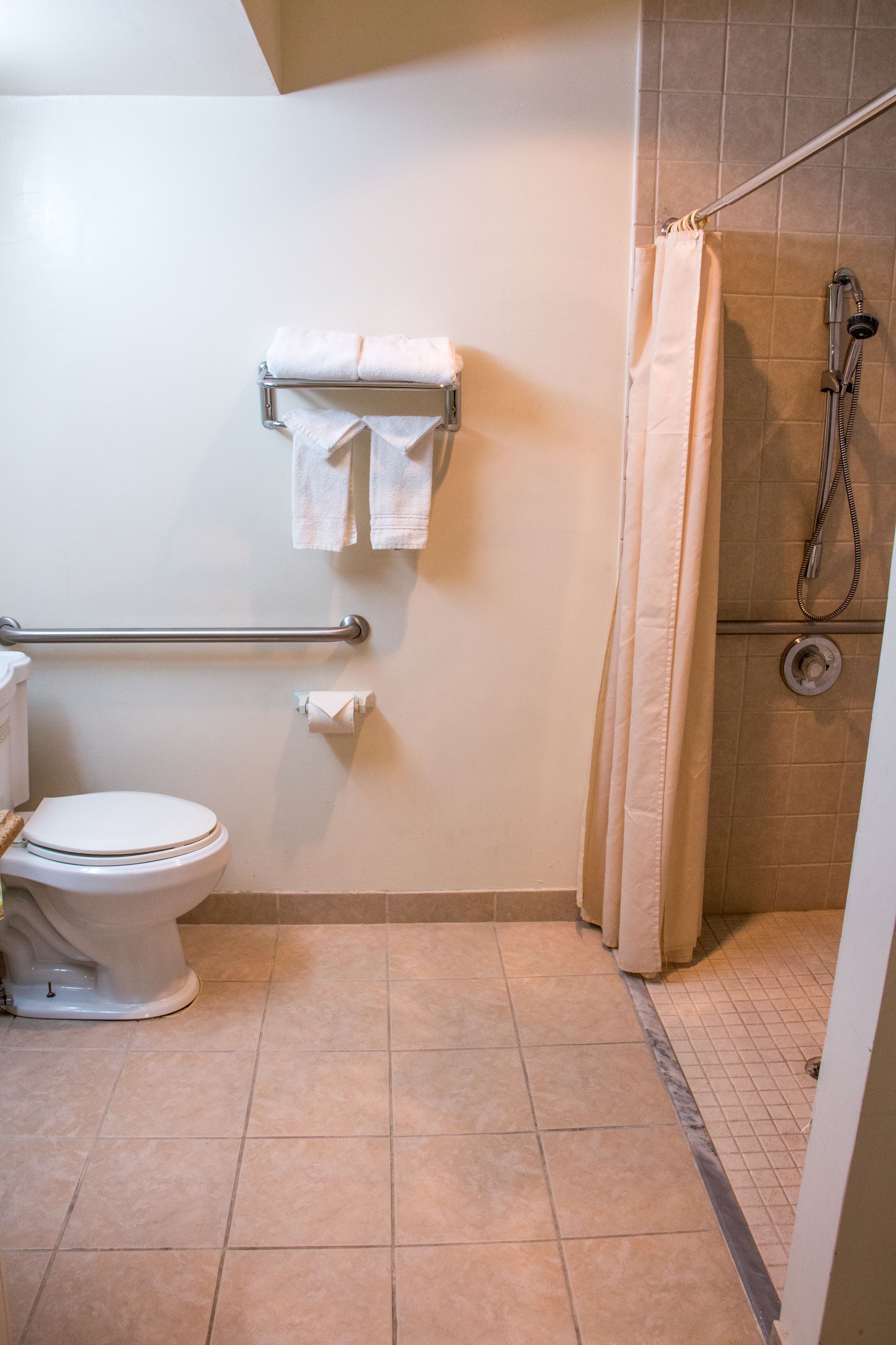 A bathroom with a toilet, a towel rack, a shower with a curtain, and a grab bar.