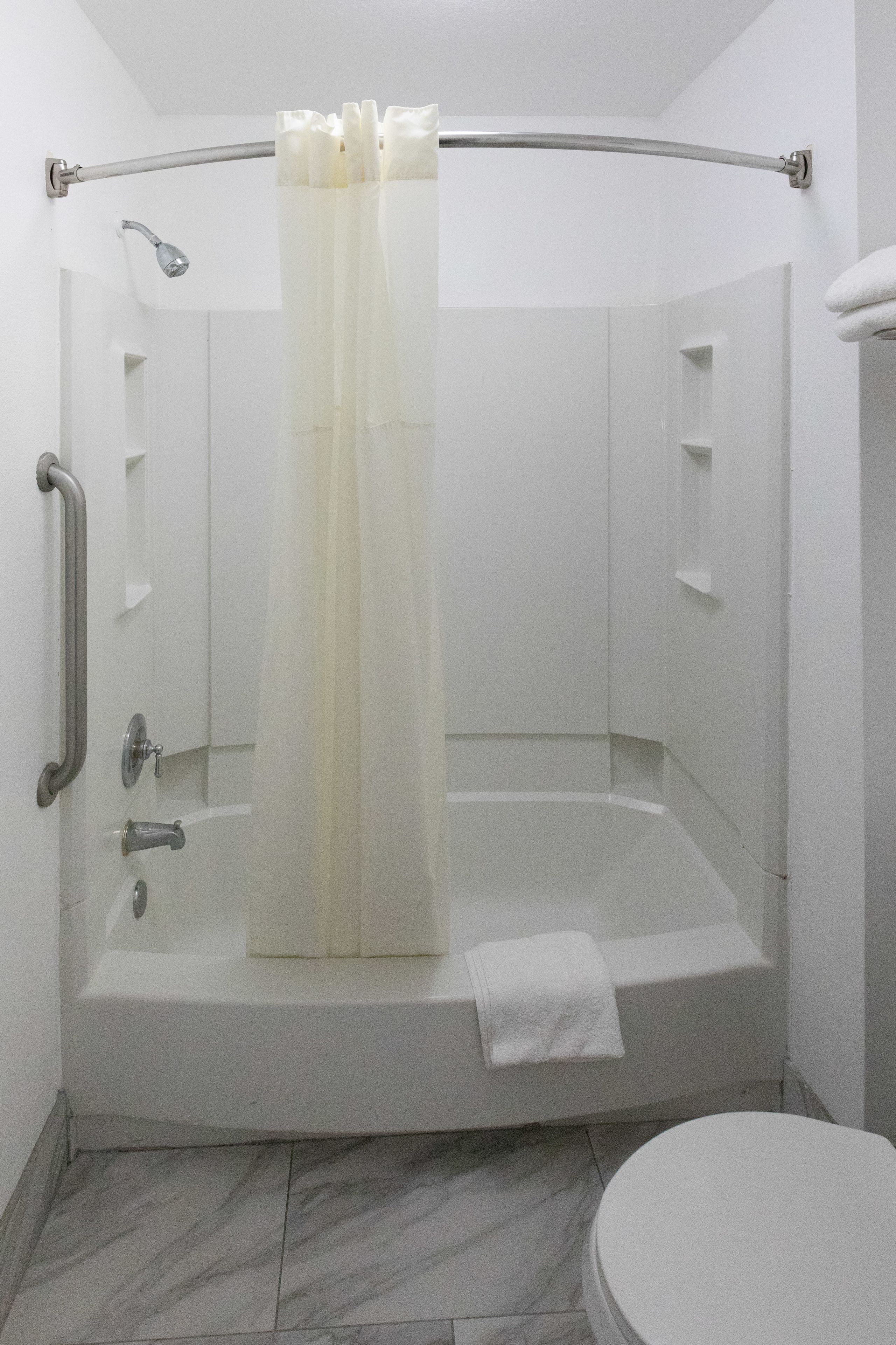 A modern bathroom with a walk-in shower, grab bars, a toilet, and a bathtub.