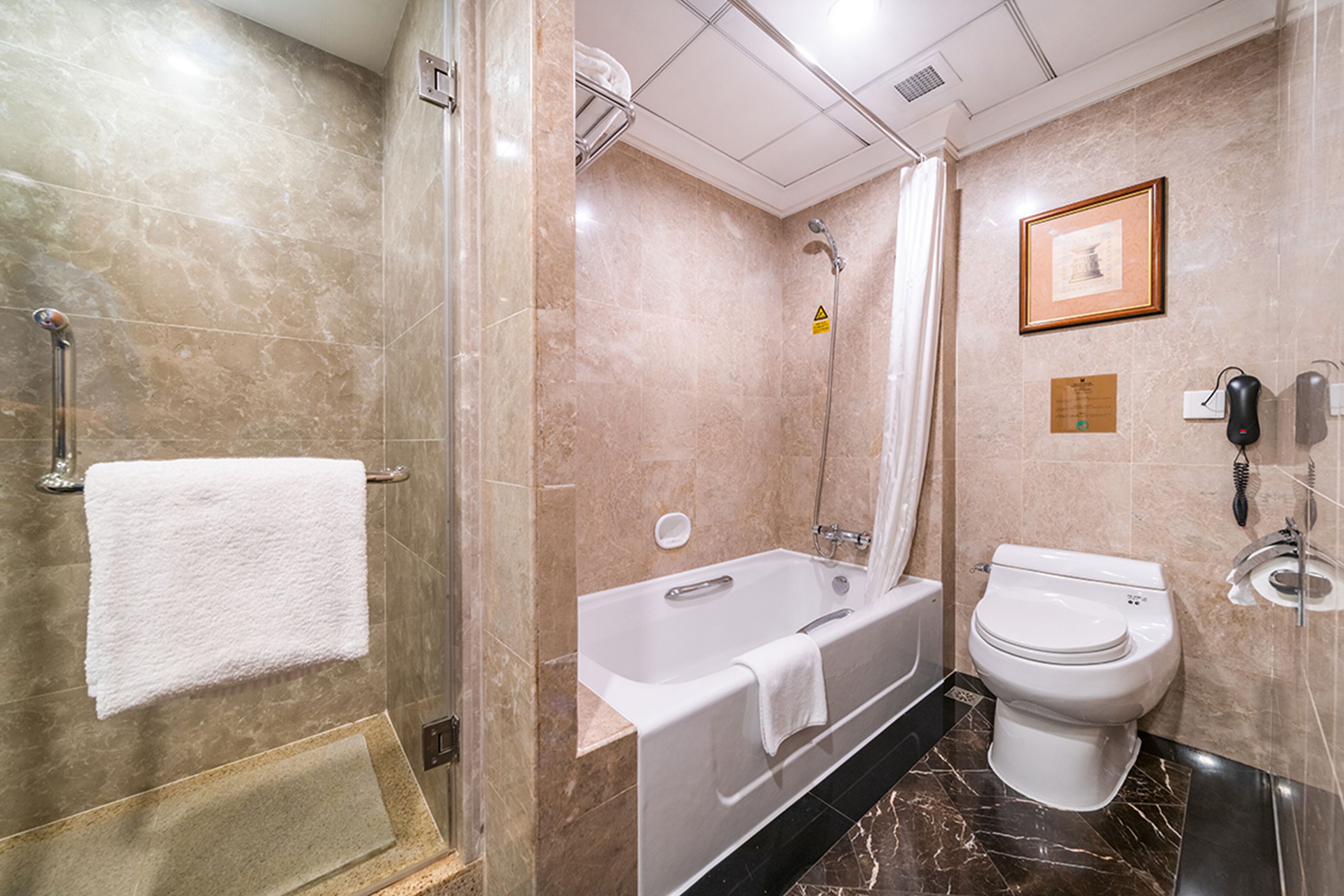 Une salle de bain avec une baignoire, des toilettes et une douche.