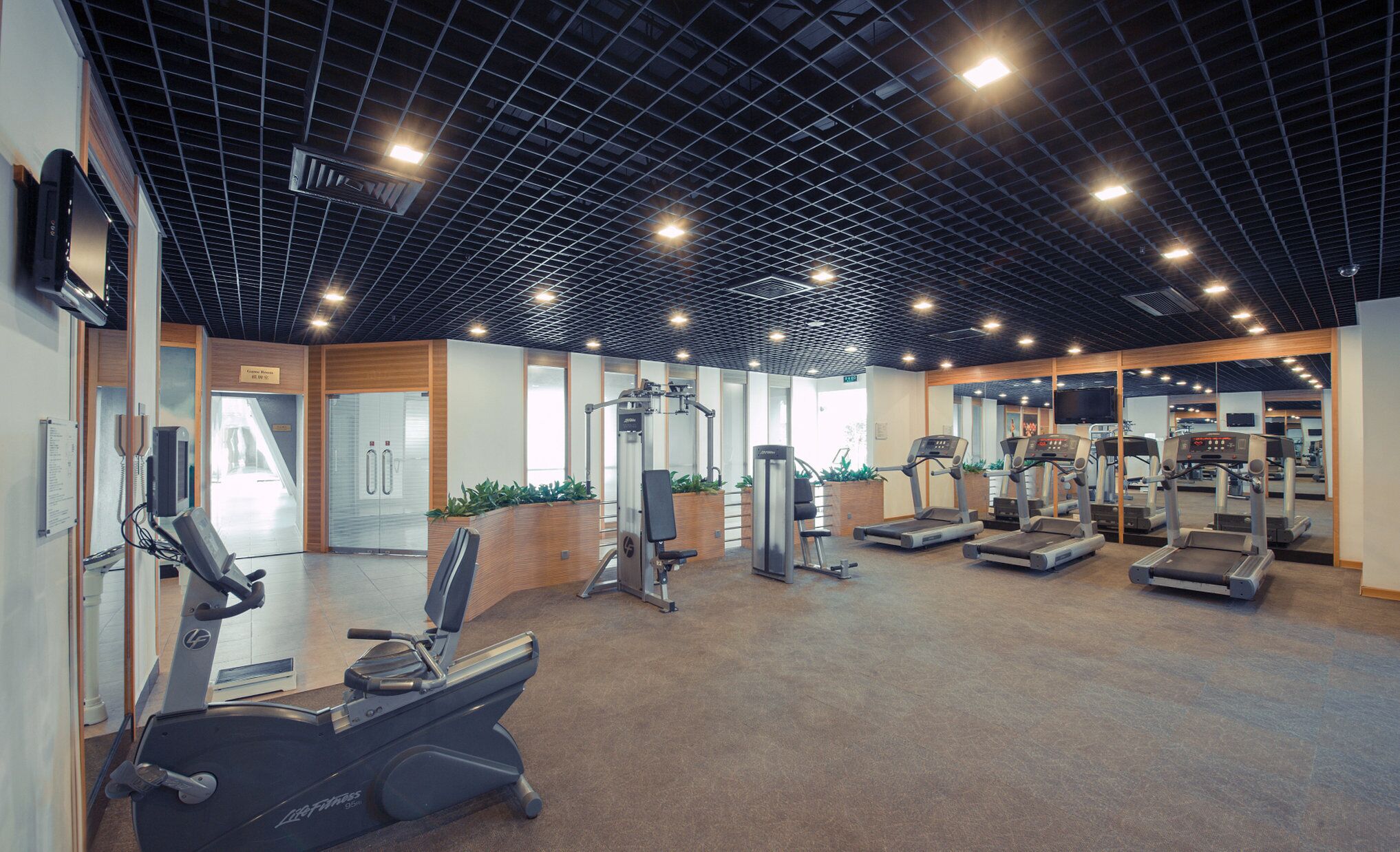 A gym with treadmills, elliptical machines, and weight machines.