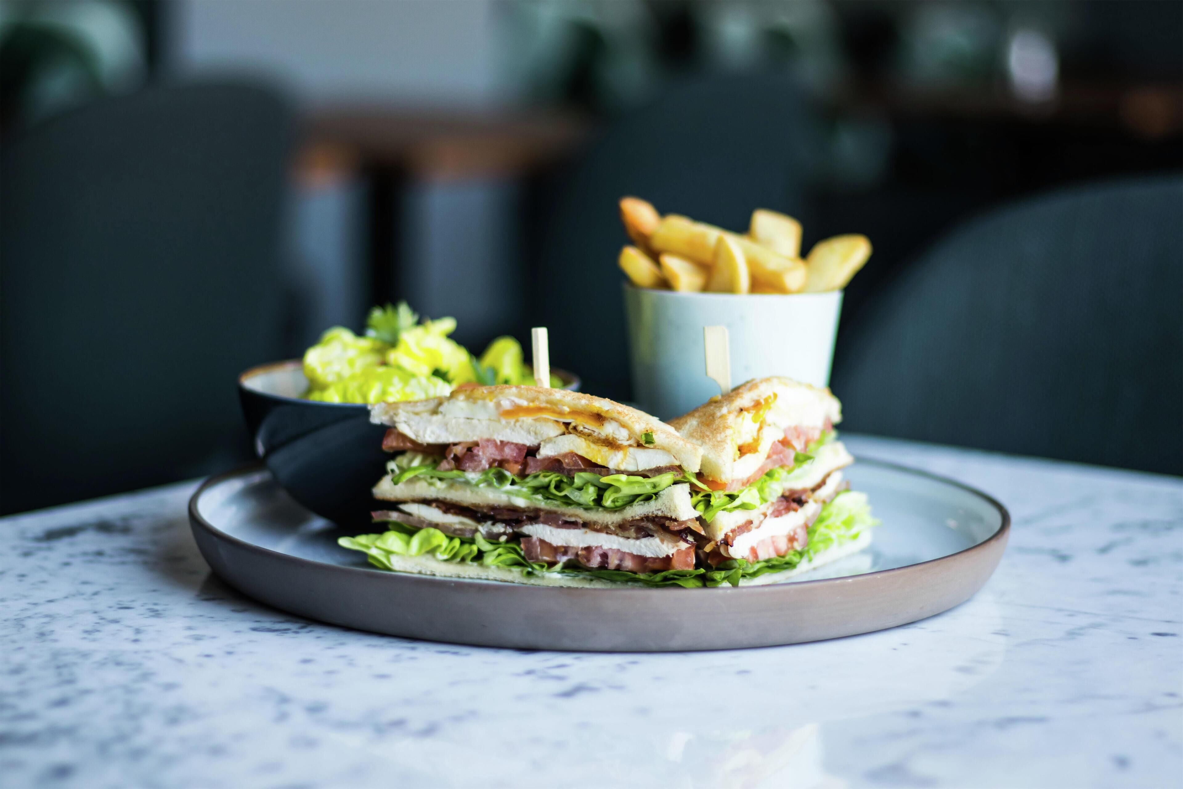 Een sandwich op een bord, met frietjes op de achtergrond.
