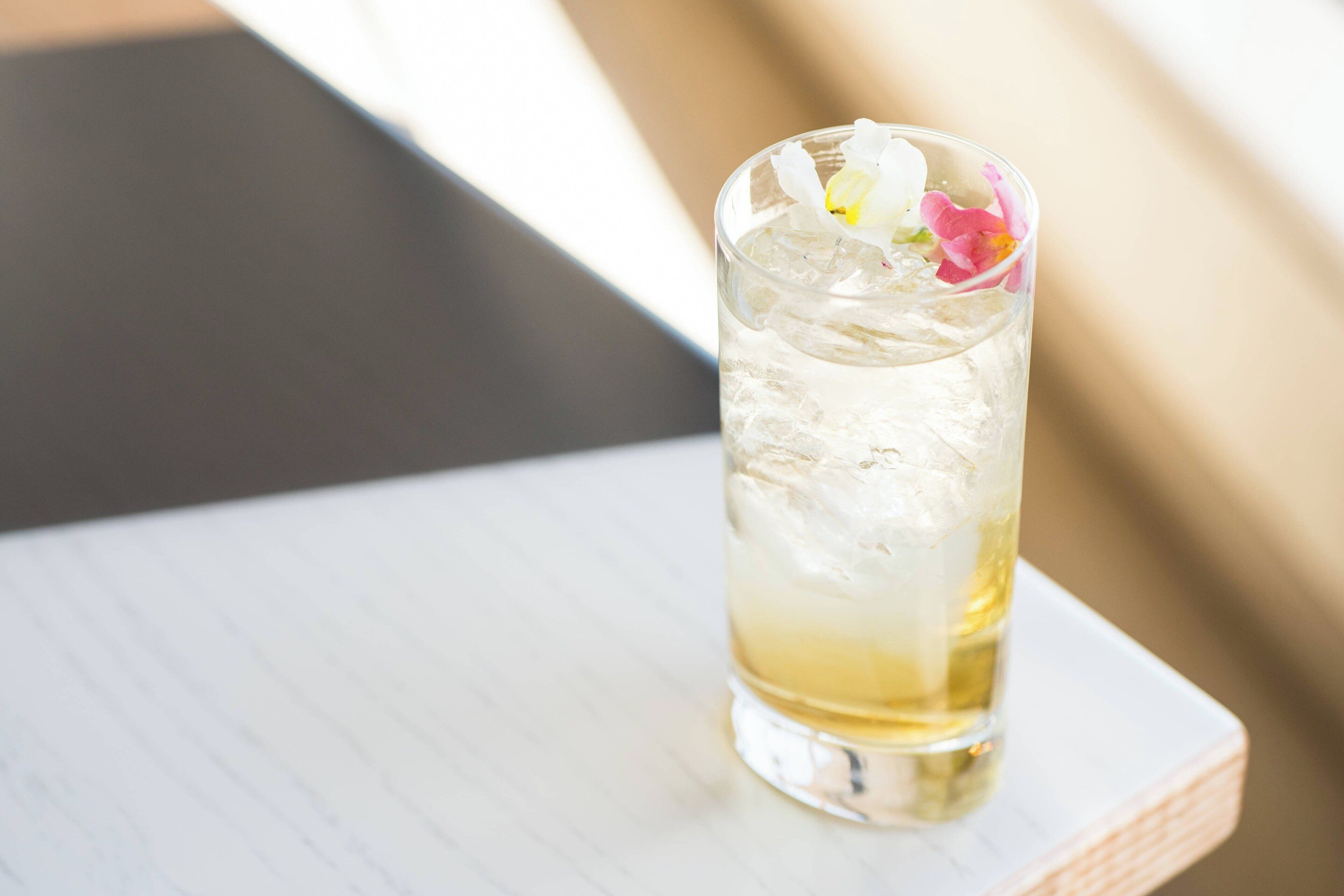 A glass of iced beverage with a flower garnish on a white coaster.