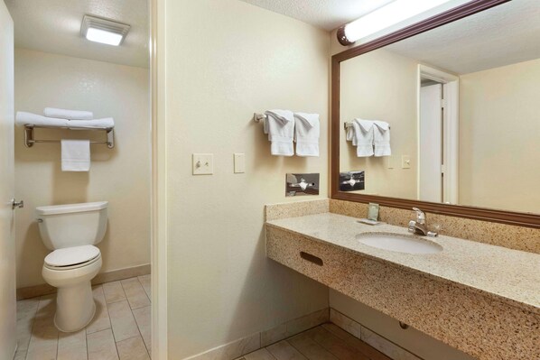 Une salle de bain avec des toilettes, un lavabo et un miroir.