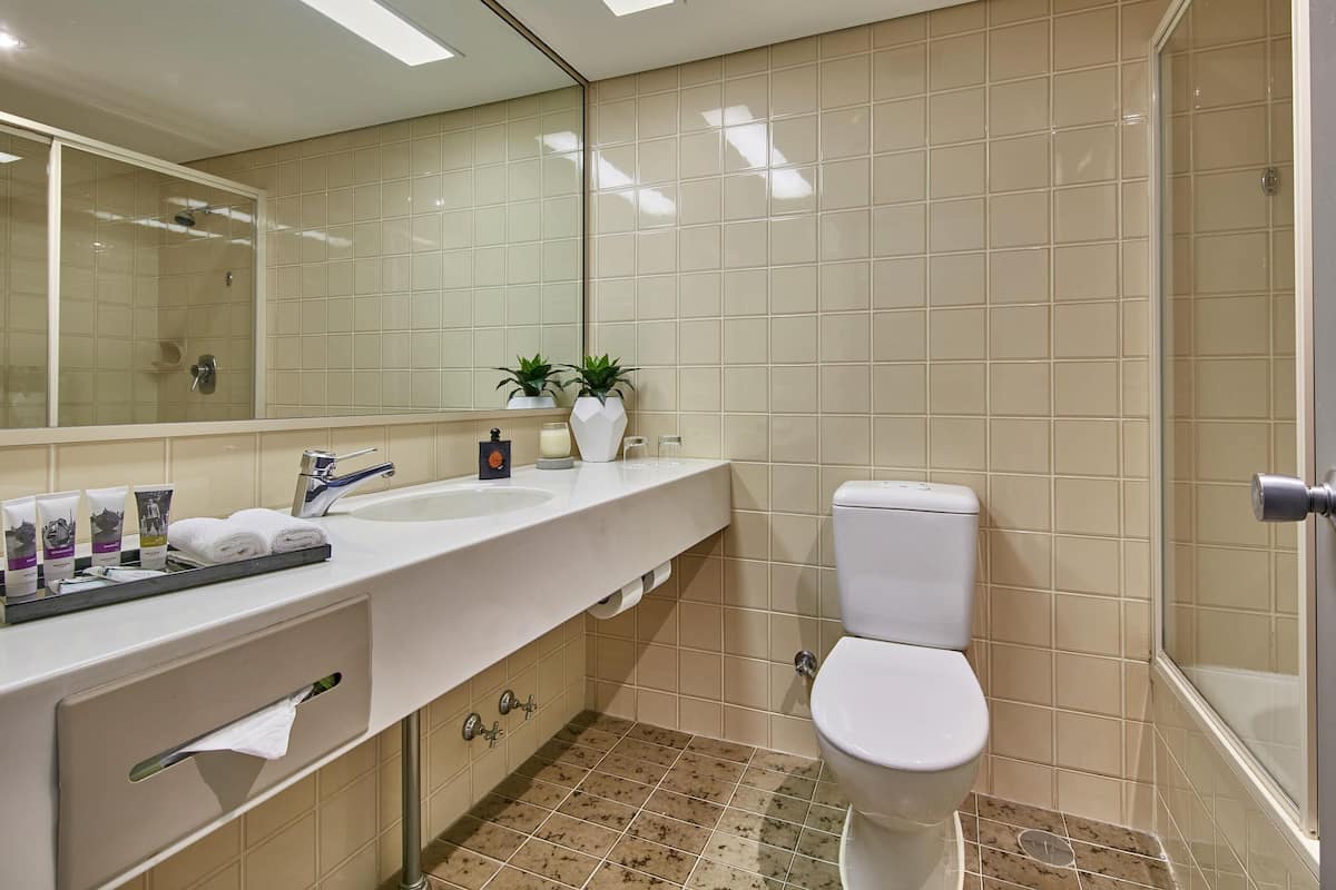 Combined shower/tub, eco-friendly toiletries, hair dryer, towels