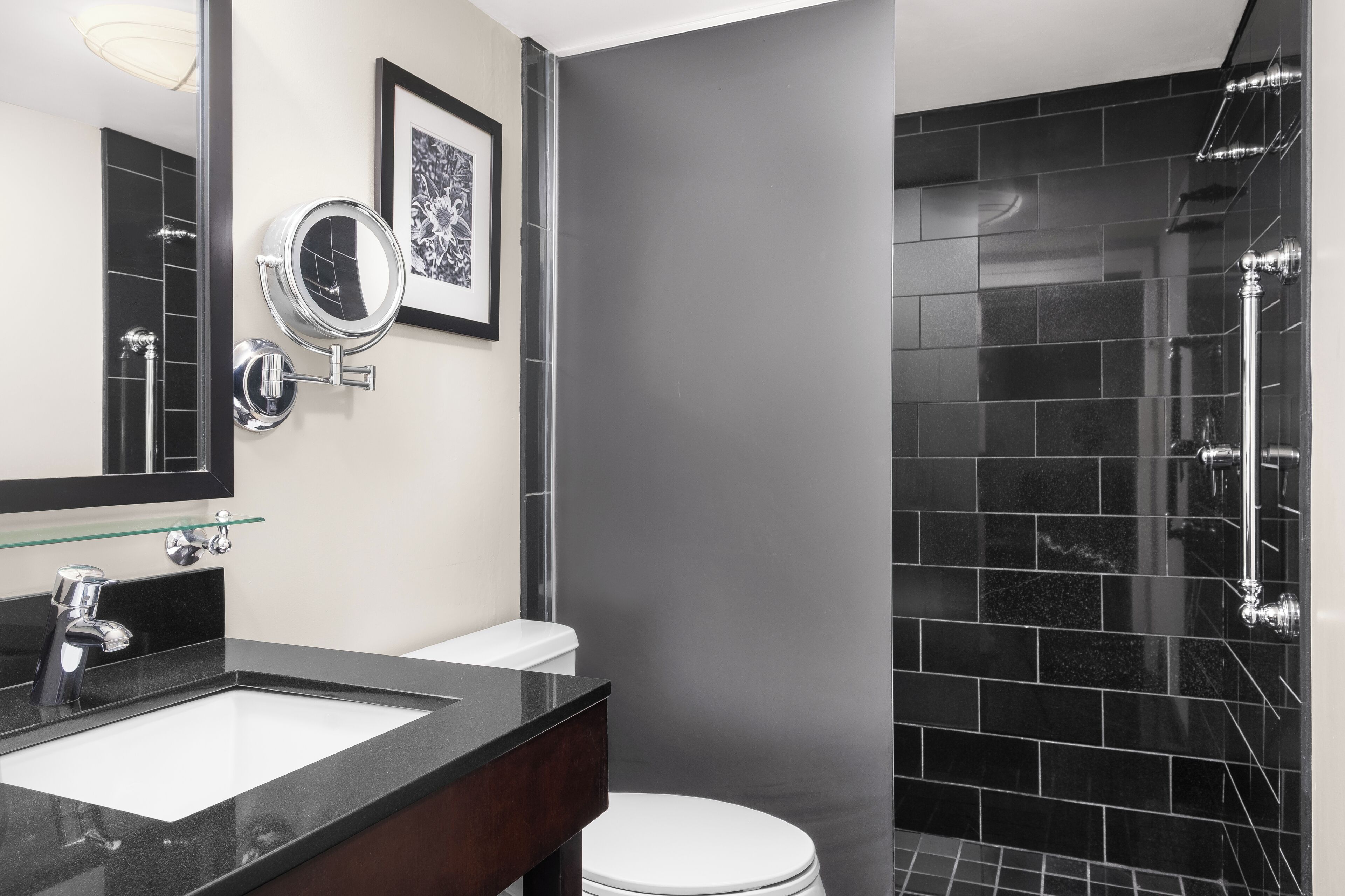 shower, designer toiletries, hair dryer, bathrobes