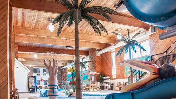 Un espace piscine intérieure doté d’un toboggan, d’un palmier et d’un grand élément décoratif aquatique bleu.