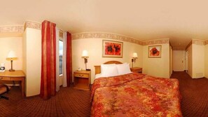 Premium bedding, desk, blackout drapes, iron/ironing board