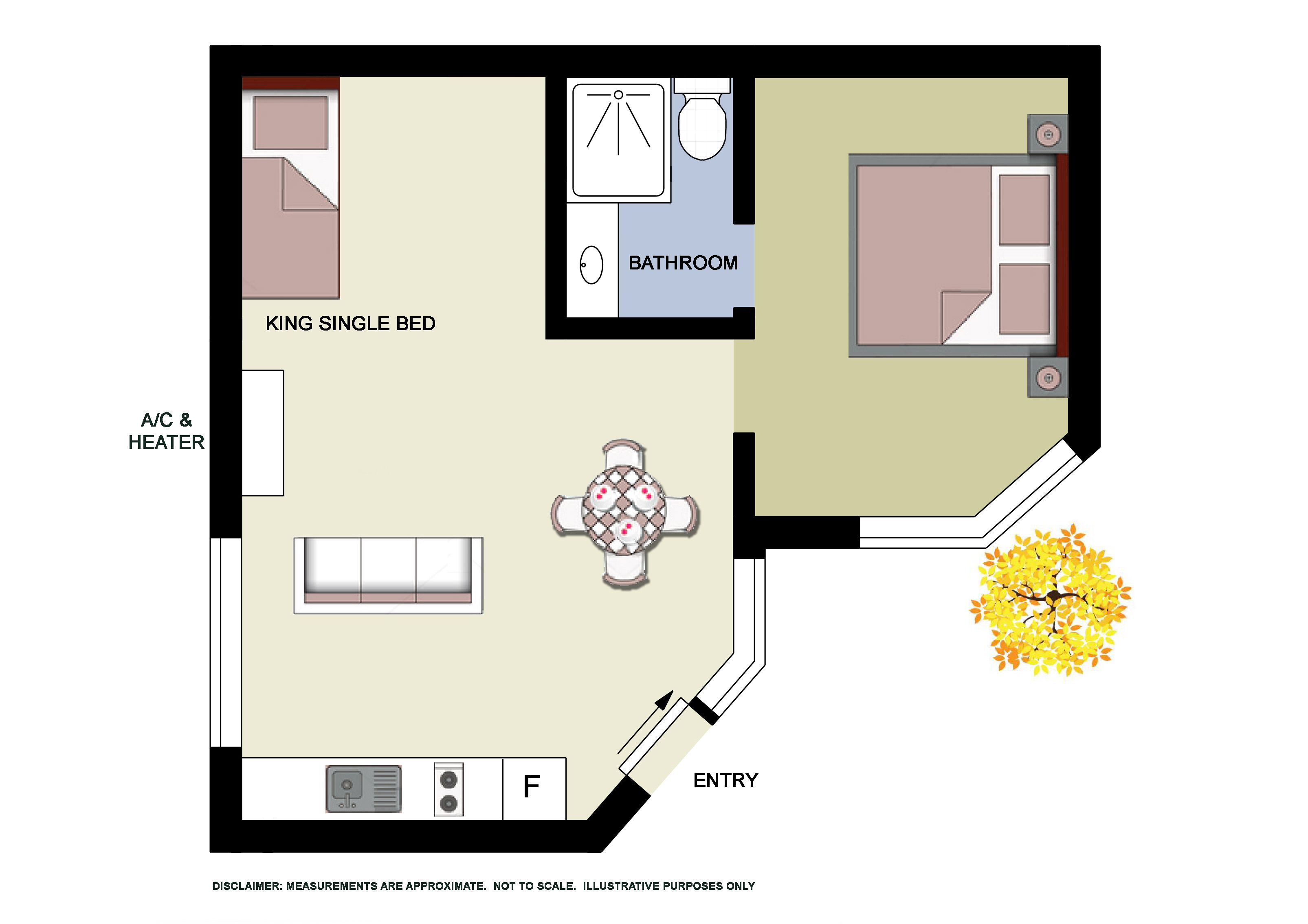 A floor plan of a hotel room with a king single bed, an A/C and heater, a bathroom, a dining area with a table and chairs, and an entry point.