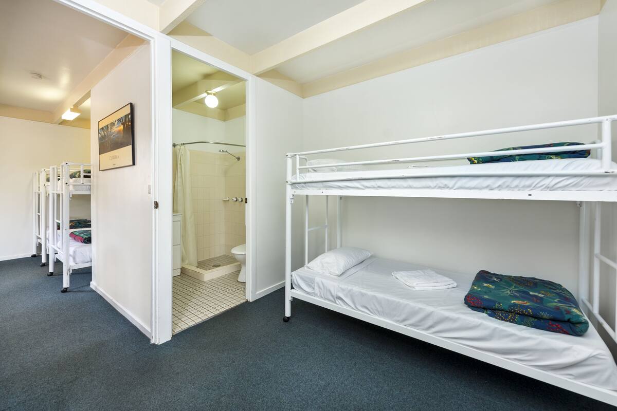 Une chambre d’hôtel avec des lits superposés, un espace douche et un tableau encadré au mur.