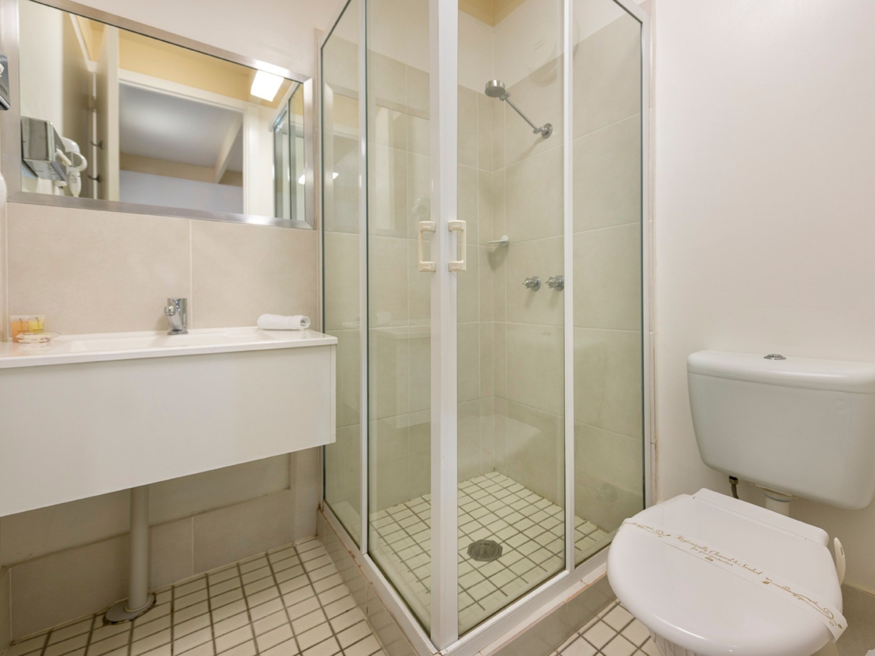 Shower, towels, toilet paper