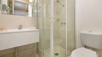 Shower, towels, toilet paper