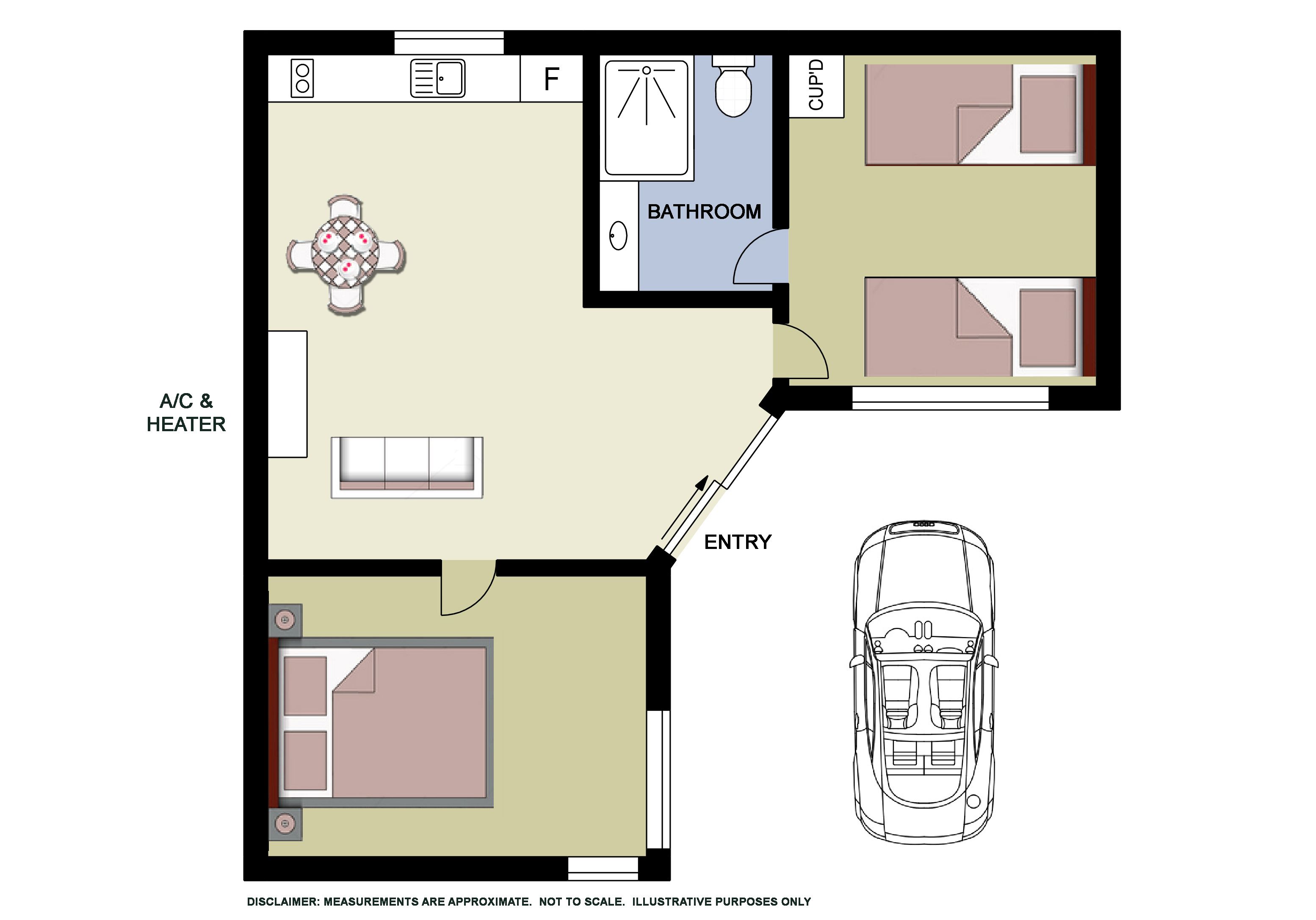 Plano de una habitación de hotel con entrada, baño, aire acondicionado y calefacción, zona de comedor y cama.