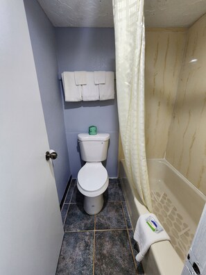Combined shower/bathtub, free toiletries, towels