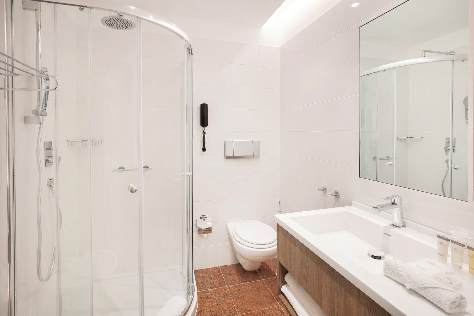 A modern bathroom with a glass-enclosed shower, a white toilet, and a vanity with a mirror.
