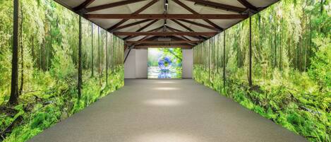 Un paseo techado con un mural de un bosque en las paredes, que conduce a una vitrina central de cristal.