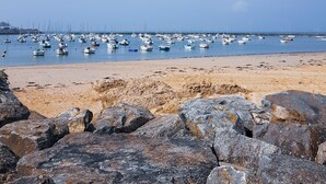 A beach with numerous boats anchored in the water, a rocky foreground, and a clear sky.