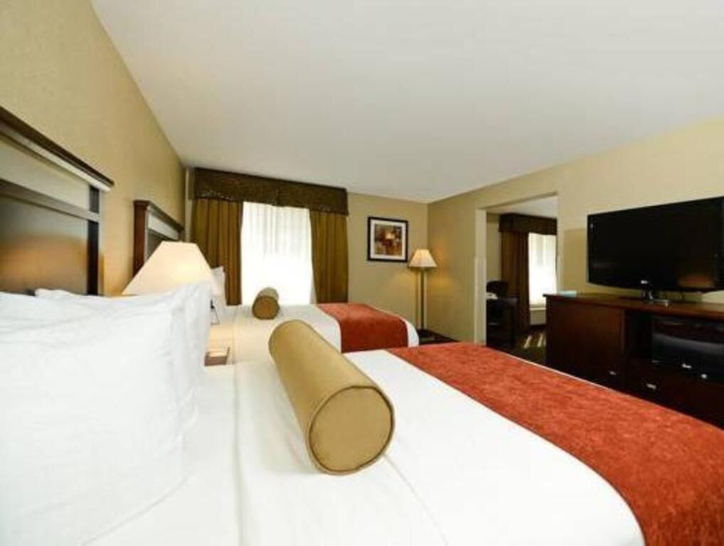 Premium bedding, desk, laptop workspace, blackout curtains