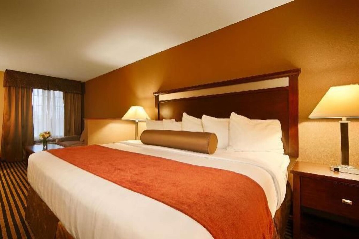 Premium bedding, desk, laptop workspace, blackout drapes