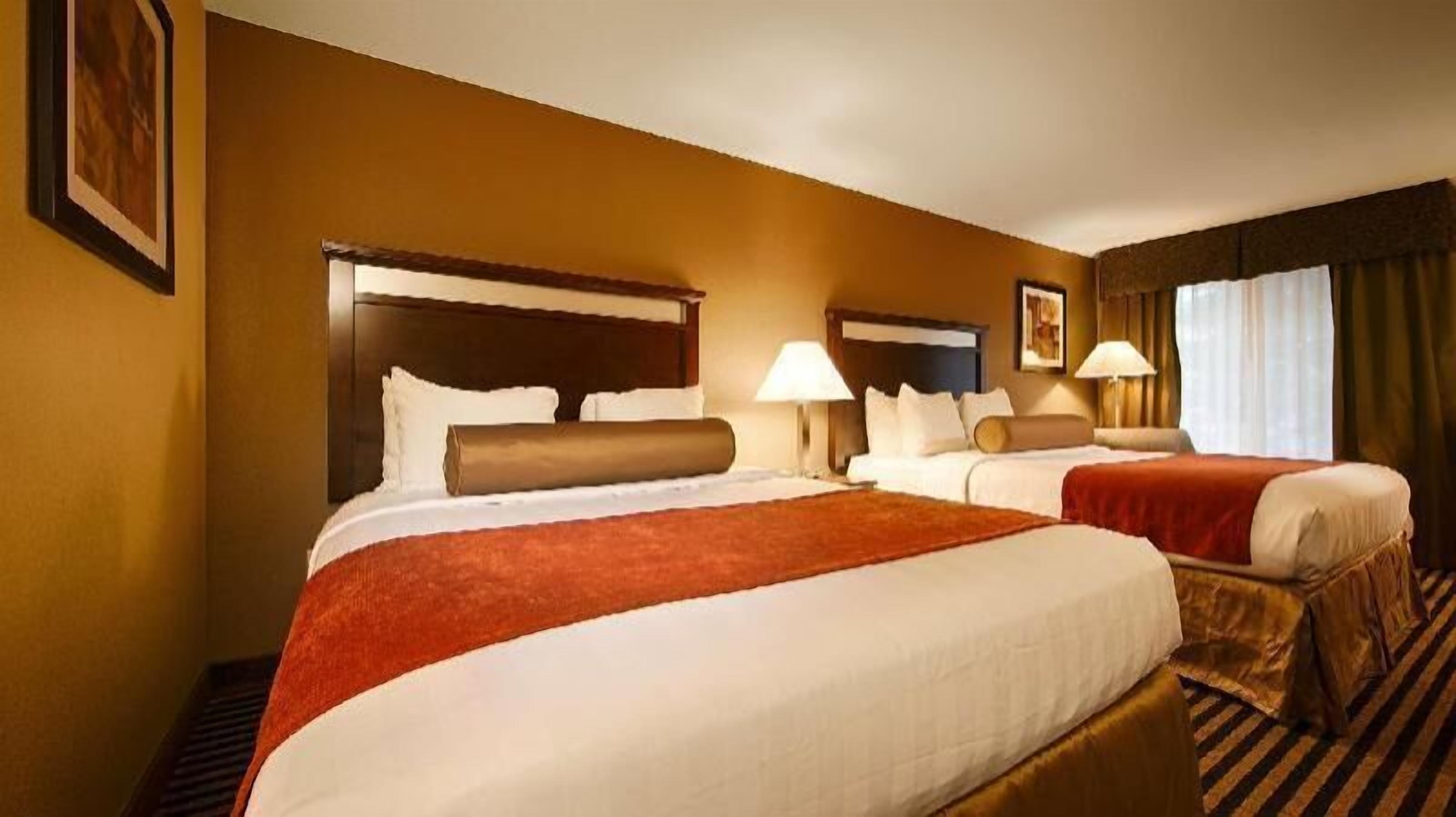 Premium bedding, desk, laptop workspace, blackout curtains