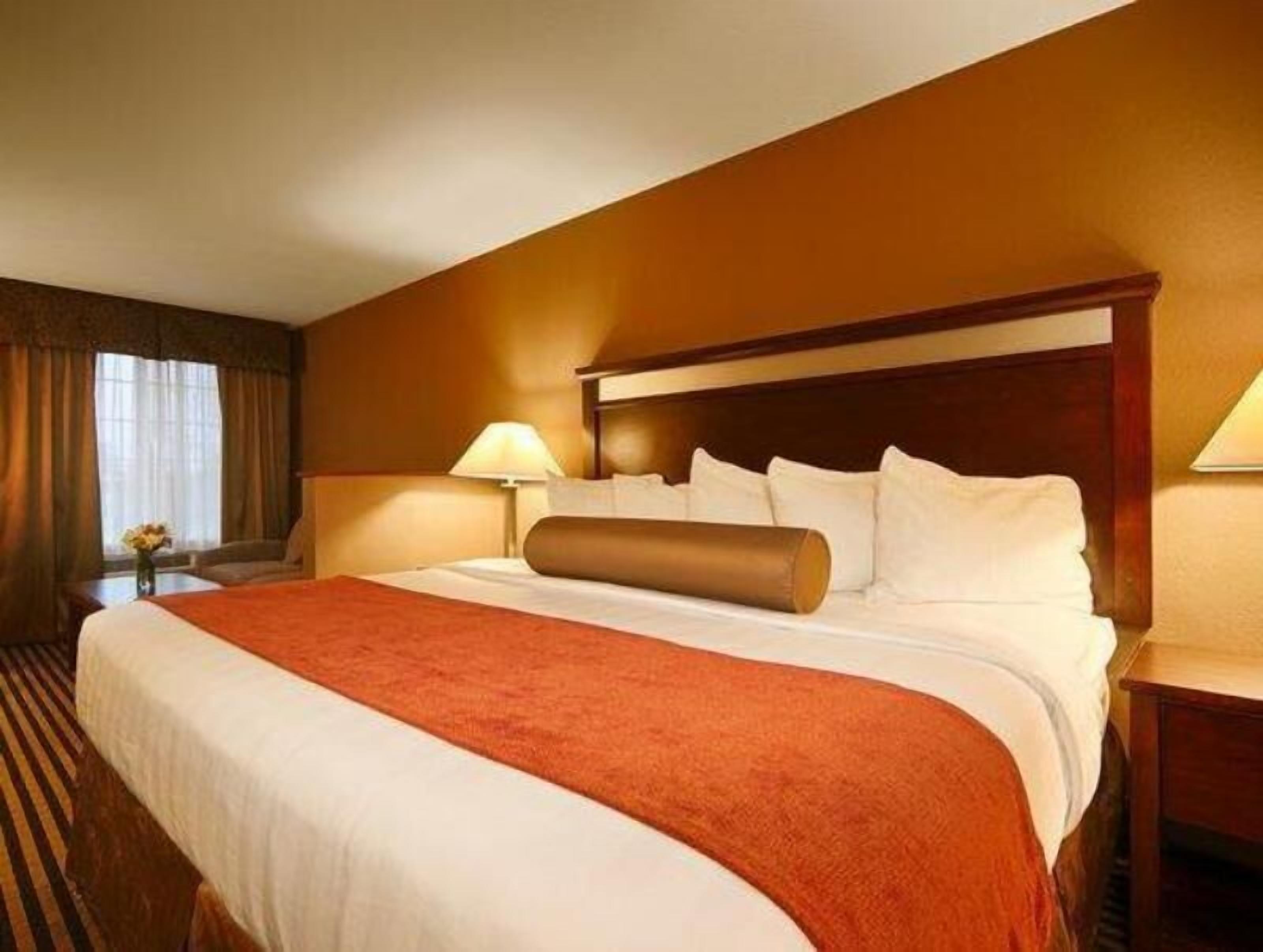 Premium bedding, desk, laptop workspace, blackout curtains