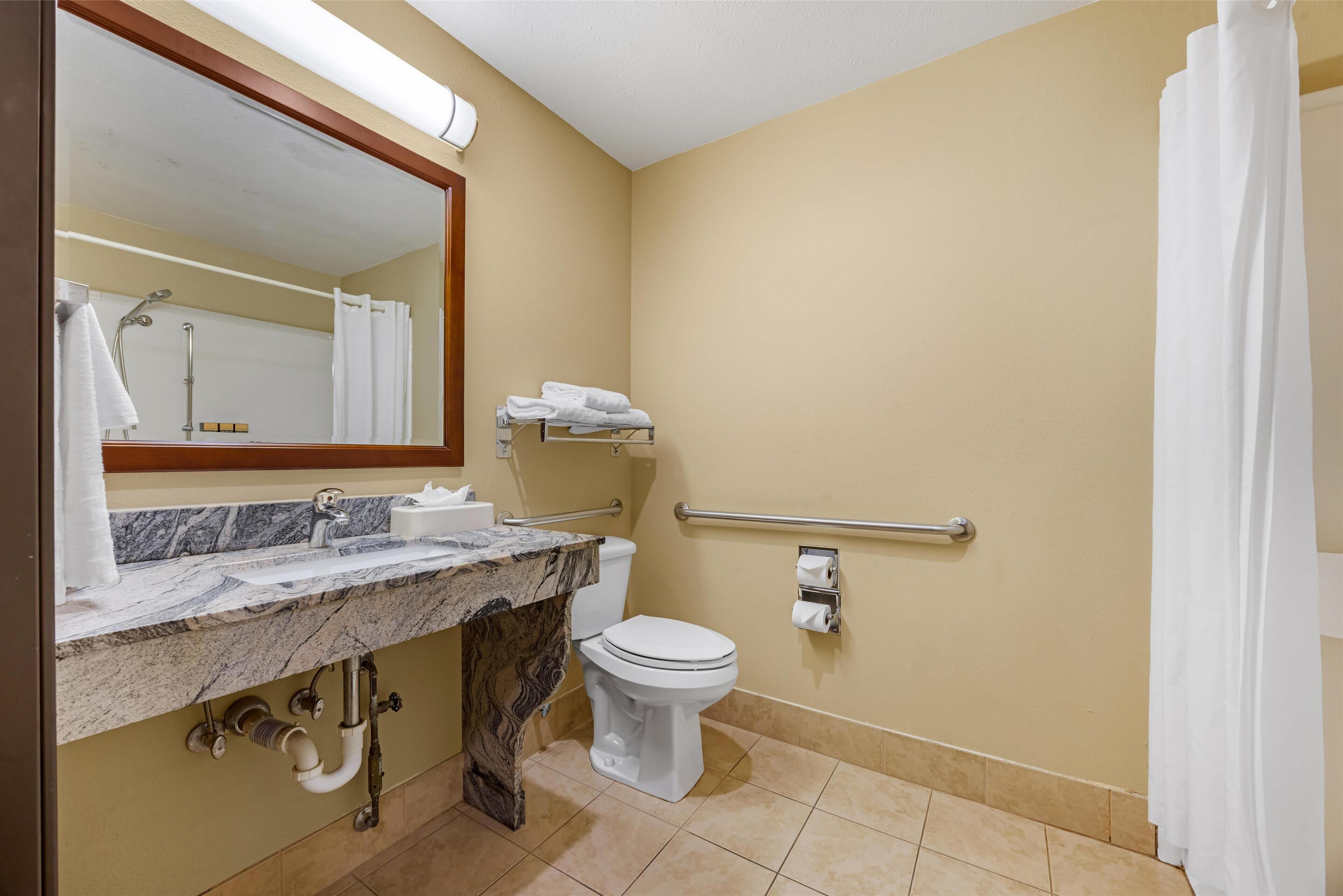 A bathroom with a marble sink, a toilet, a handrail, and a mirror.