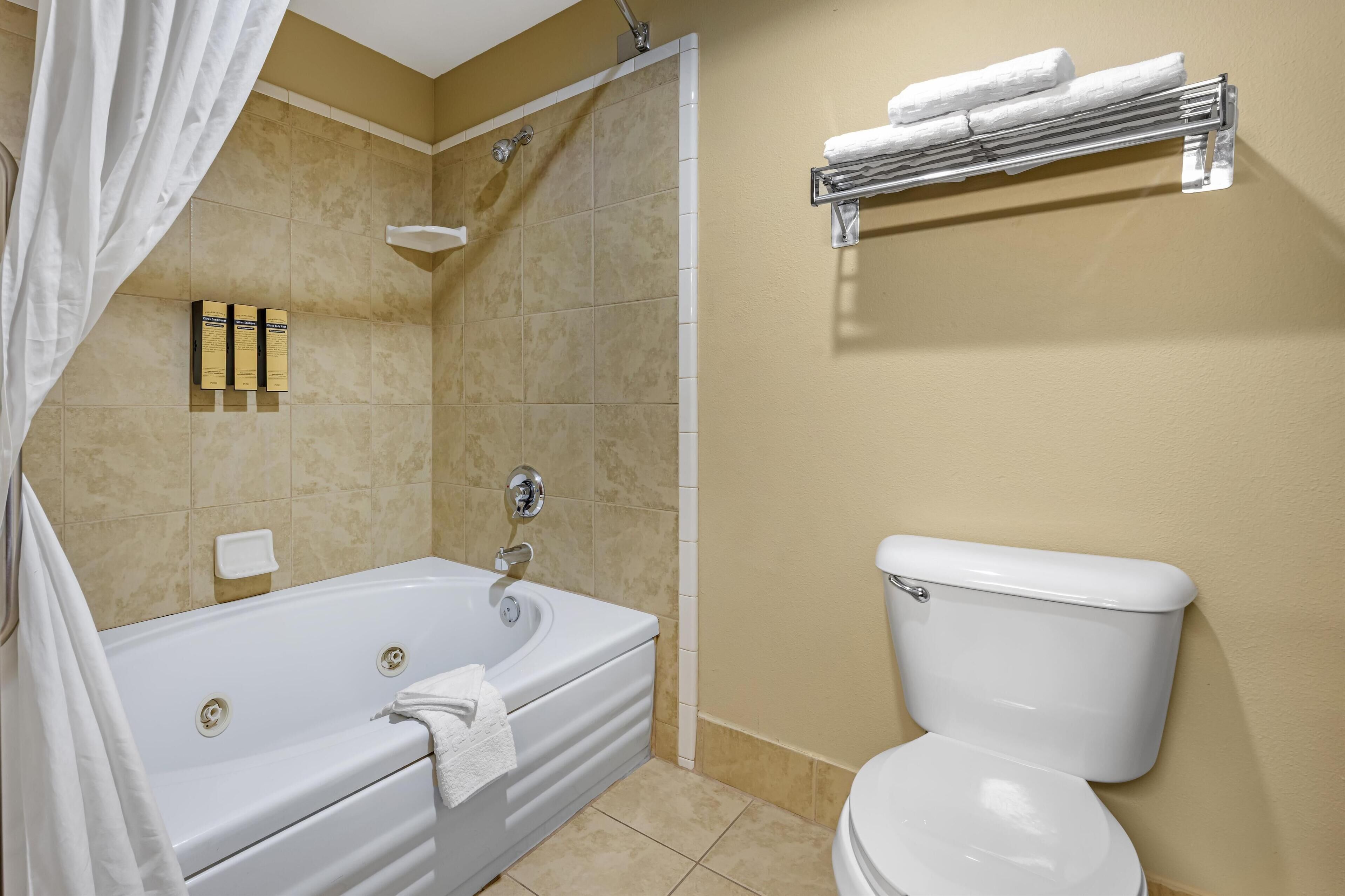 Une salle de bain avec une baignoire, une douche et des toilettes.