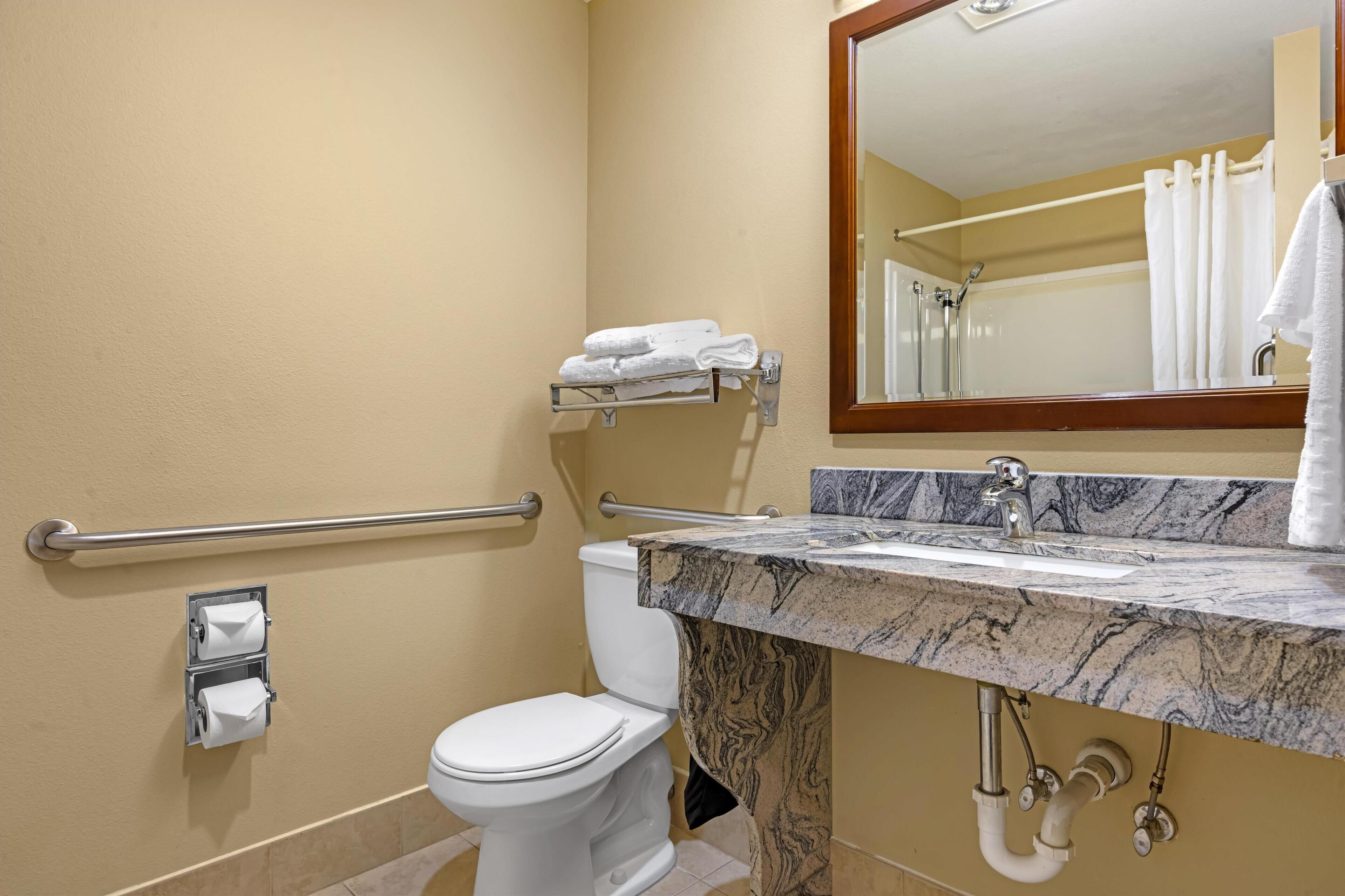 A bathroom with a marble sink, a toilet, a handrail, and a mirror.
