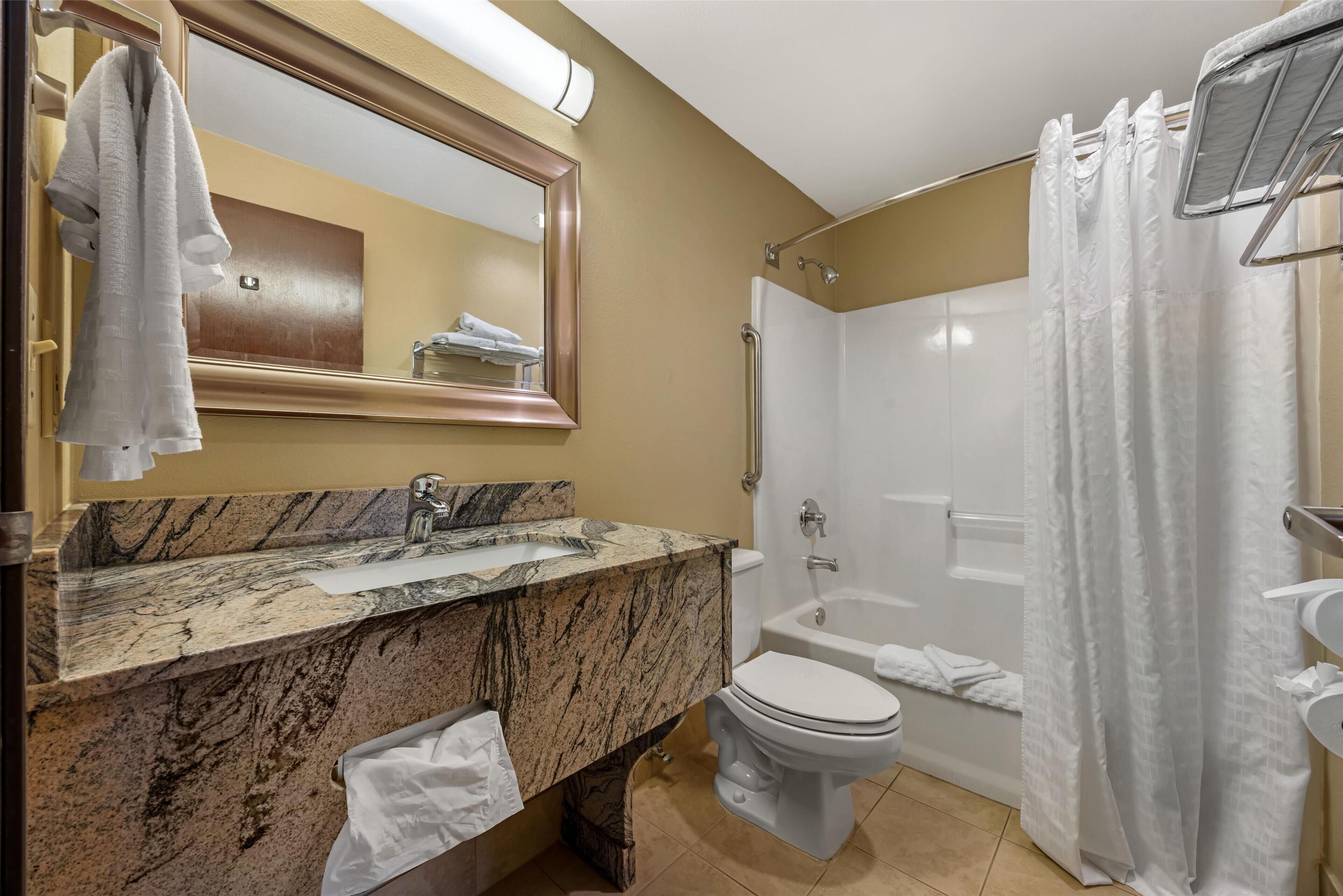 combined shower/bathtub, free toiletries, hair dryer, towels