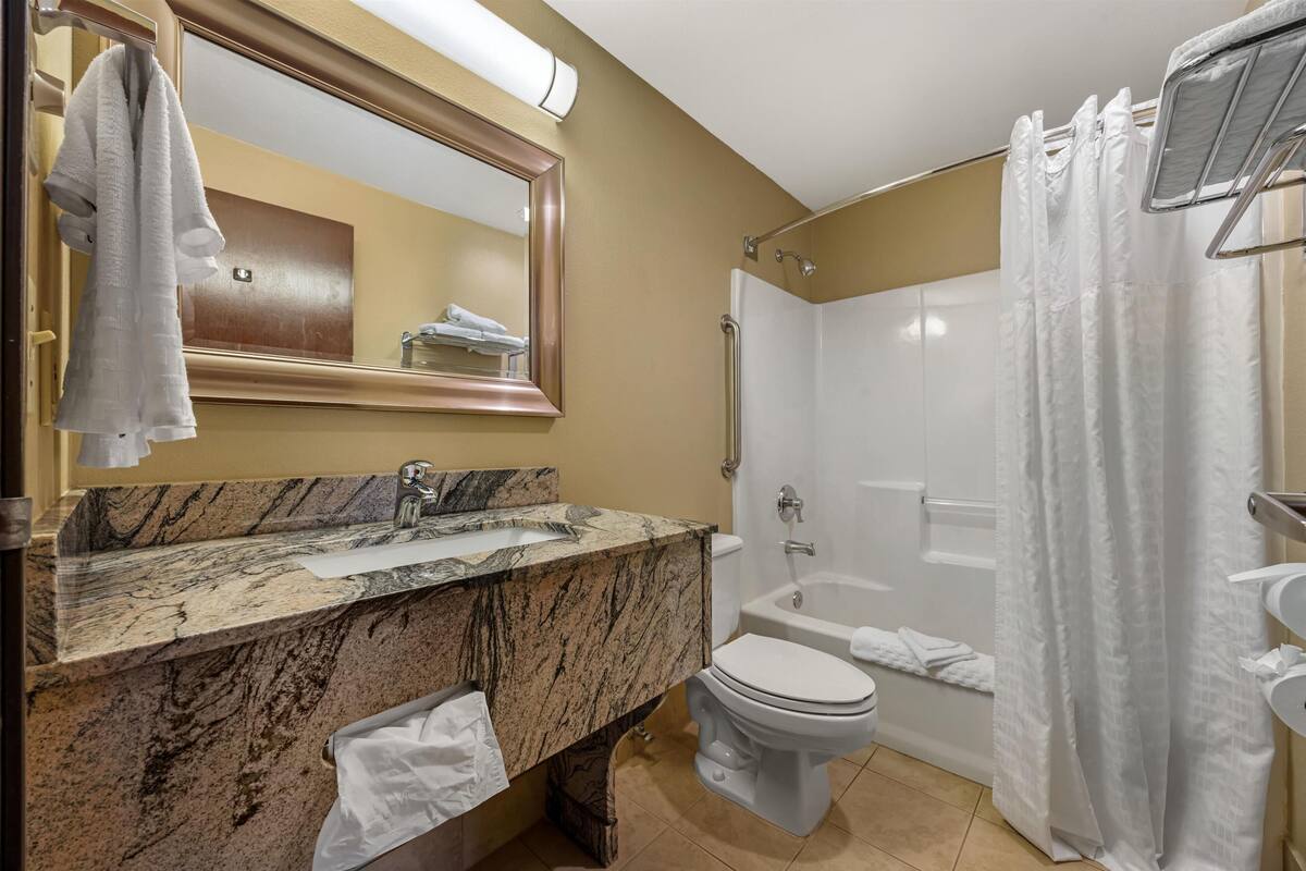 combined shower/bathtub, free toiletries, hair dryer, towels