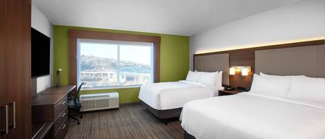 A hotel room with two beds, a desk, a chair, a flat-screen TV, a window with a city view, and a wall-mounted heater.